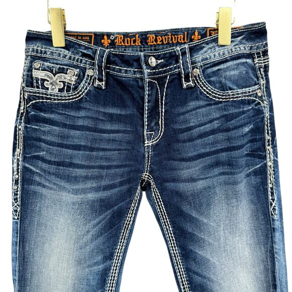 Rock Revival Kai Sequin Embellished Stitching Dark Wash Denim Crop Capri Jeans - Picture 5 of 10